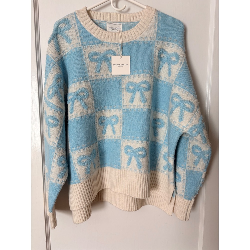 Soho & Stella Blue Cream Checkered Bow Sweater Coquette Knit Pullover ST23510 M